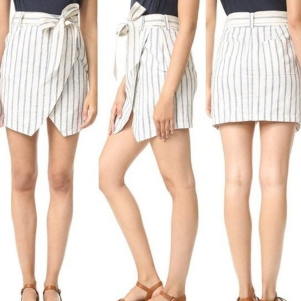 Madewell Linen Blend Faux Wrap Mini Skirt Size 2 Nautical Stripe Belted Summer